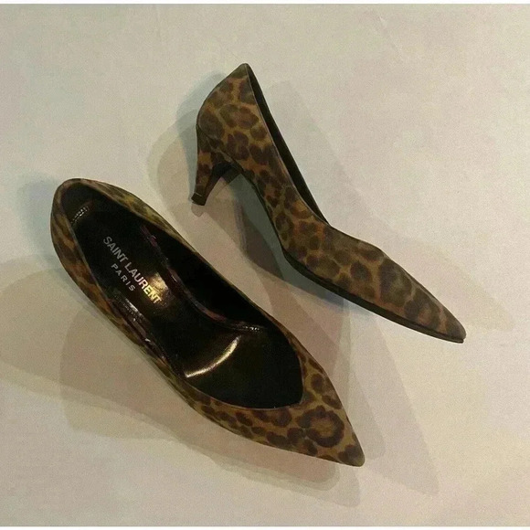 YSL Yves Saint Laurent Leopard Kitten Heels Pumps 36.5 6.5 Charlotte Black Tan - Picture 2 of 13